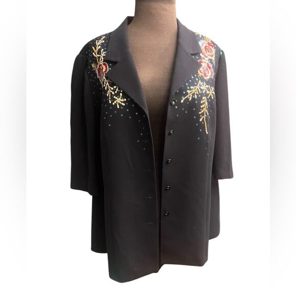 Vtg Black Floral Sequin Boho Glam Artsy Eclectic Party Shirt Jacket Shacket 2X - Picture 4 of 9